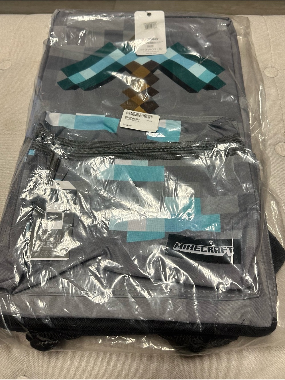 Minecraft Gray Backpack with Teal Pixel Pickaxe
